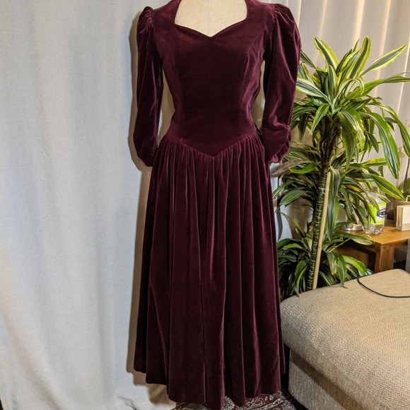 Laura Ashley Dresses & Skirts - Laura Ashley Vintage Velvet Burgundy Dress Modest Cottagecore